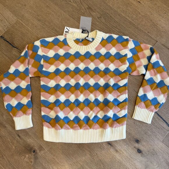 Zara Other - Colorful Zara Kids Argyle Sweater Size 11-12Y Cotton Blend Knit Pastel Blue/Pink